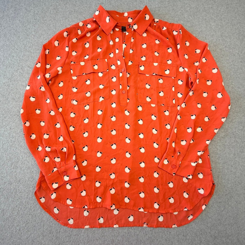 Ann Taylor Women Coral Orange Peach Print Button Front Tunic Blouse Large NWT